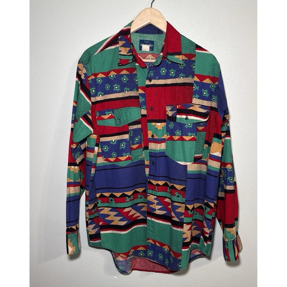 VTG Wrangler Western Shirt Aztec Southwestern Print Colorful Mens Medium